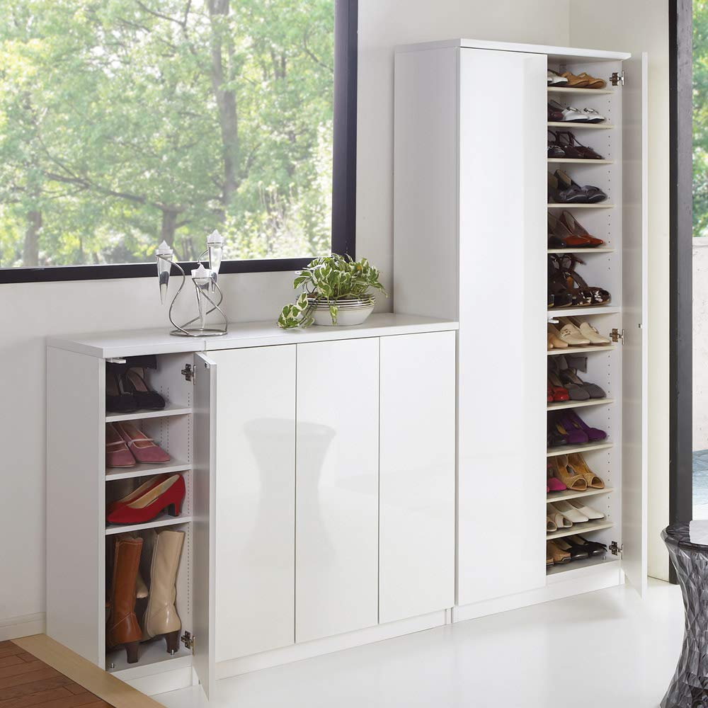 dinosディノス　ホワイト ミラー扉　下駄箱　シューズラック dinos（ディノス） 前面ミラー＆板戸シューズボックス 段違いハイ