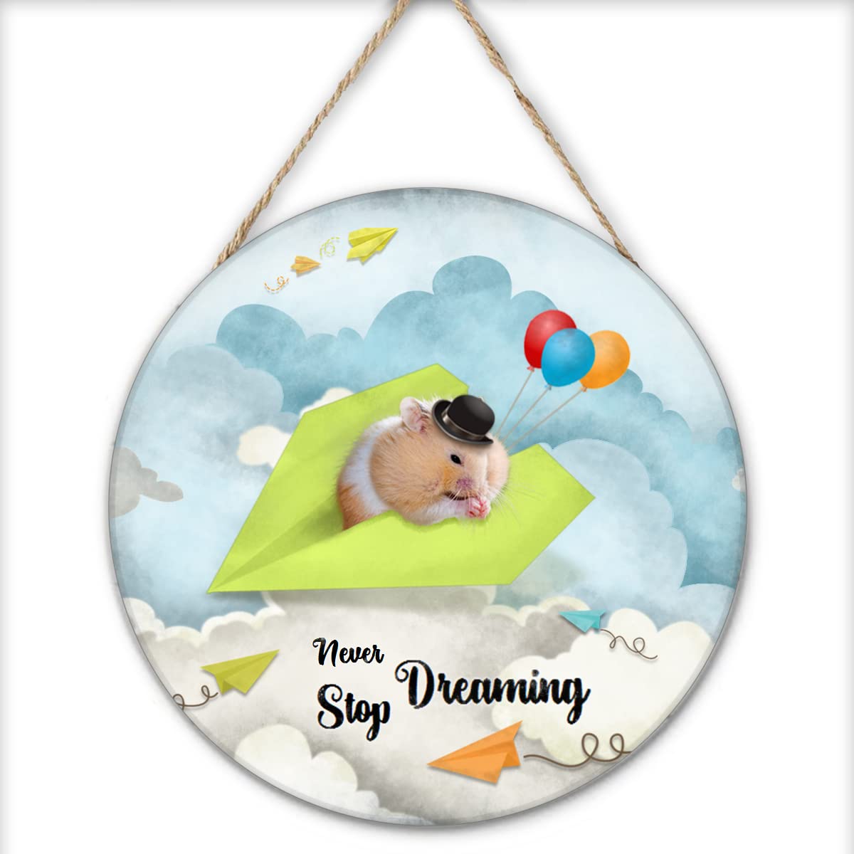 Finamille Inspirational Wall Art -Never Stop Dreaming,Hamster Shabby Chic Round Sign for Kid's Bedroom Classroom Nursery 12x12 Inches Wooden Door Hanger