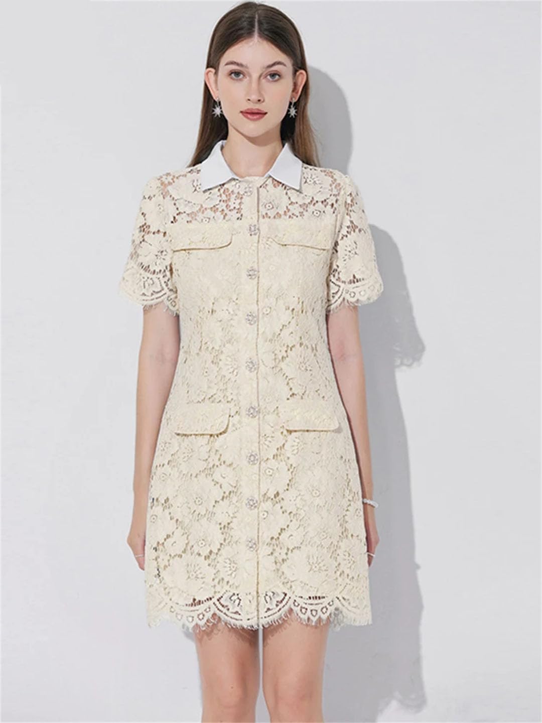 Women Sexy Lace Dresses Buttons Sheath Pencil Short Elegant Chic Dress Clothing