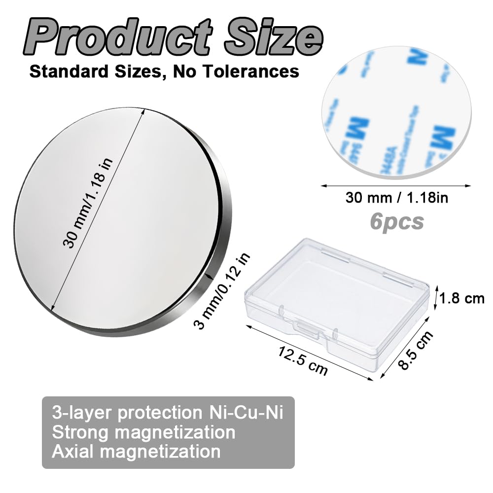 Imanes de Neodimio Fuertes 30 mm x 3 mm, 6 Piezas con Autoadhesivos y Caja de Almacenamiento