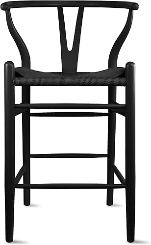 Miniatura 7 de 2xhome Wishbone Taburete de bar de madera maciza con respaldo en Y abierto, sillas de oficina de comedor con asiento negro tejido (negro)