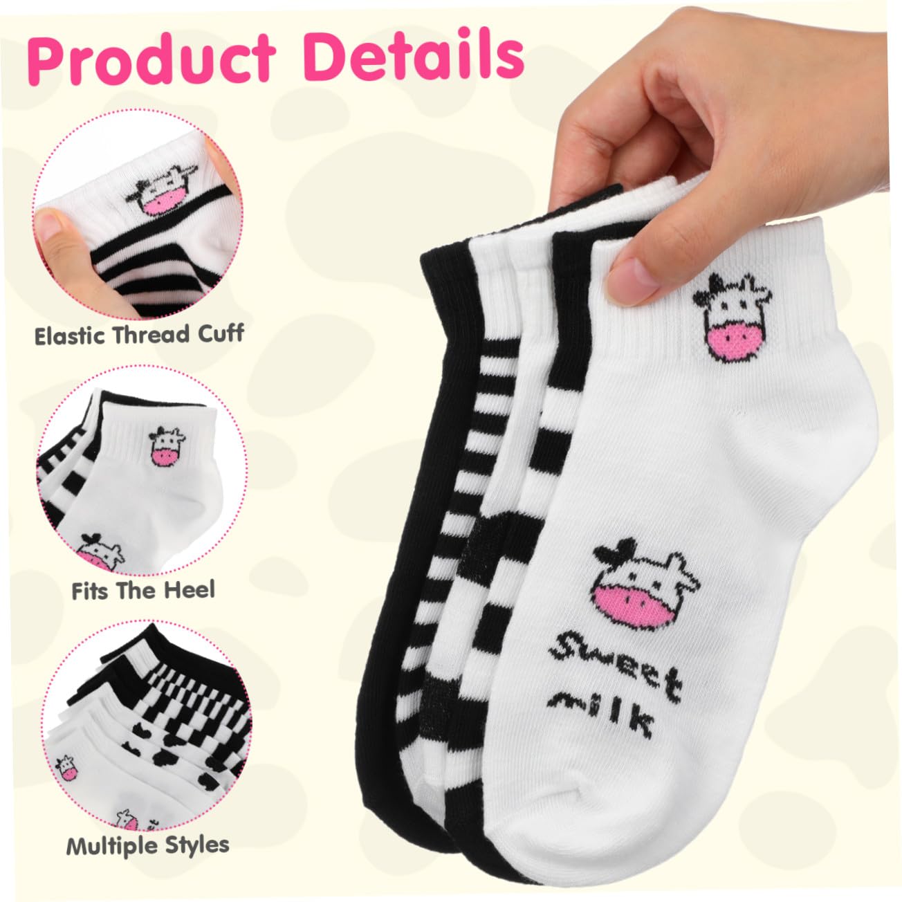 5 Pares Calcetines Cortos Mujer Algodón Estampado Vaca Diseño Divertido Transpirable para Estudiantes y Diario