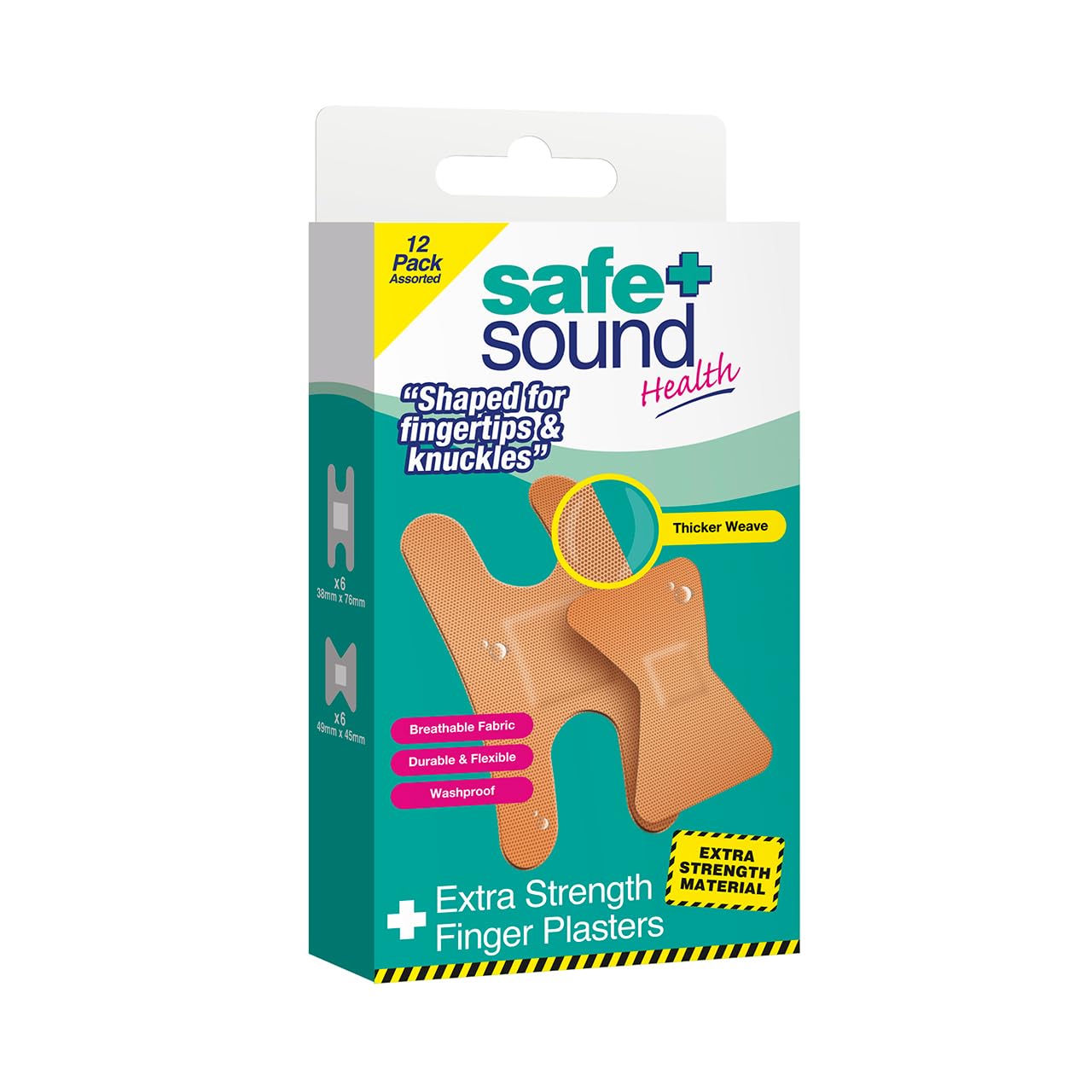 Safe & Sound Extra Strength Finger Plasters – 12 Pack Assorted – Knuckle & Fingertip Bandages – Breathable, Flexible & Washproof Durable Fabric