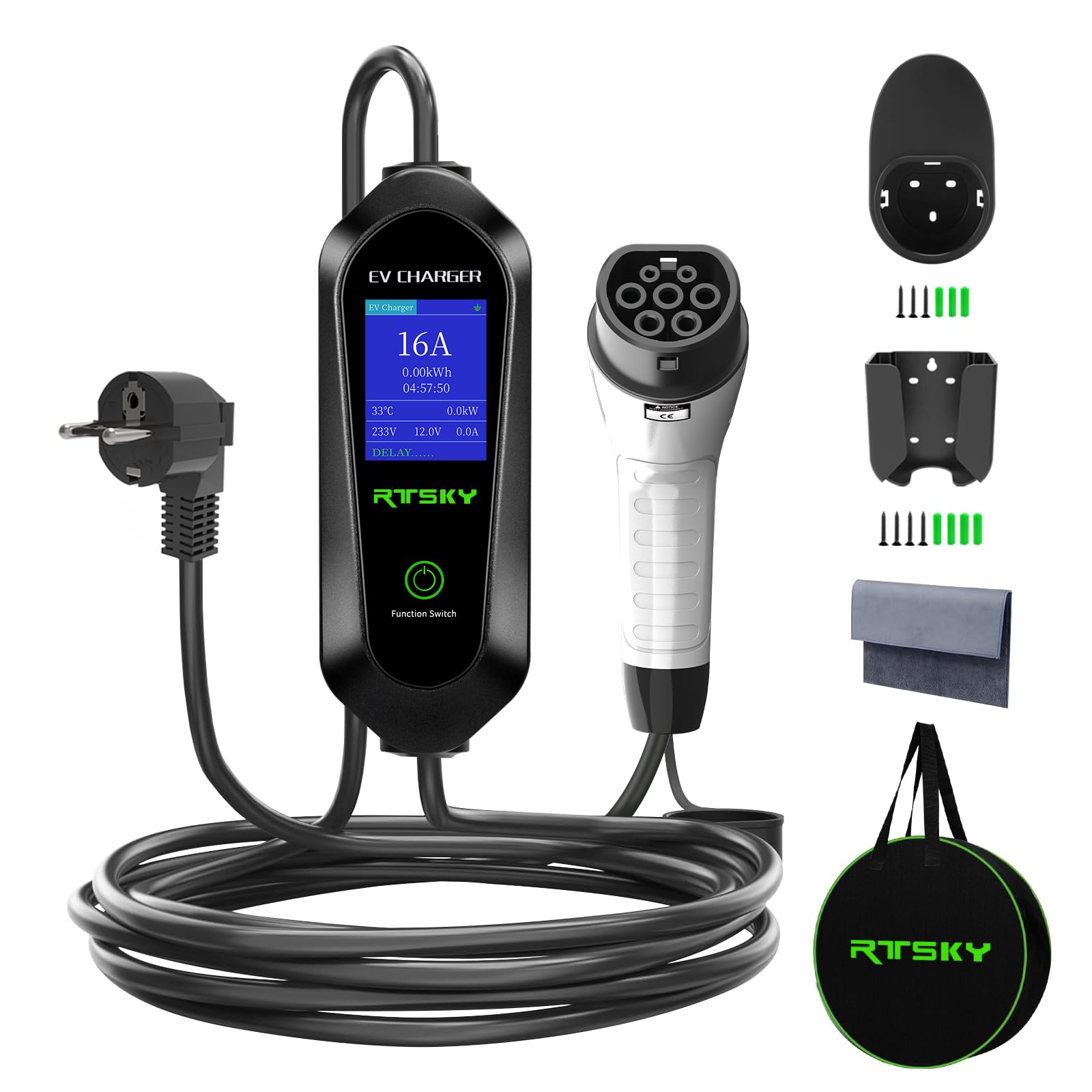 3,68kW Typ 2 Ladekabel Schuko 5M, 1-phasig 8-16A Einstellbar mit LCD Digitalanzeige, Tragbares Elektroauto Ladegerät für Tesla, ID.3, ID.4, BMW, Audi, Hyundai und andere PHEV/EV