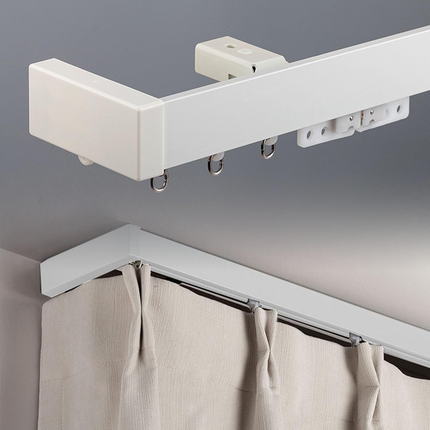 Ceiling Mount Curtain Rod Set with Magnetic Pulley - White 2m/6.5ft/2x1m - Ideal for Bedroom, Offices, Hotels - Blackout Curtain Track for Room Divider