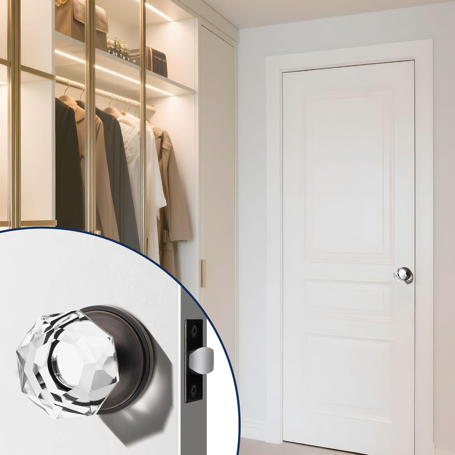 Orger Diamond Crystal Interior Passage Door Knobs, Non-Locking Door Handles for Hallway and Passage Door, Oil Rubbed Bronze Rosette with Faceted Glass Knobs, 3Pack