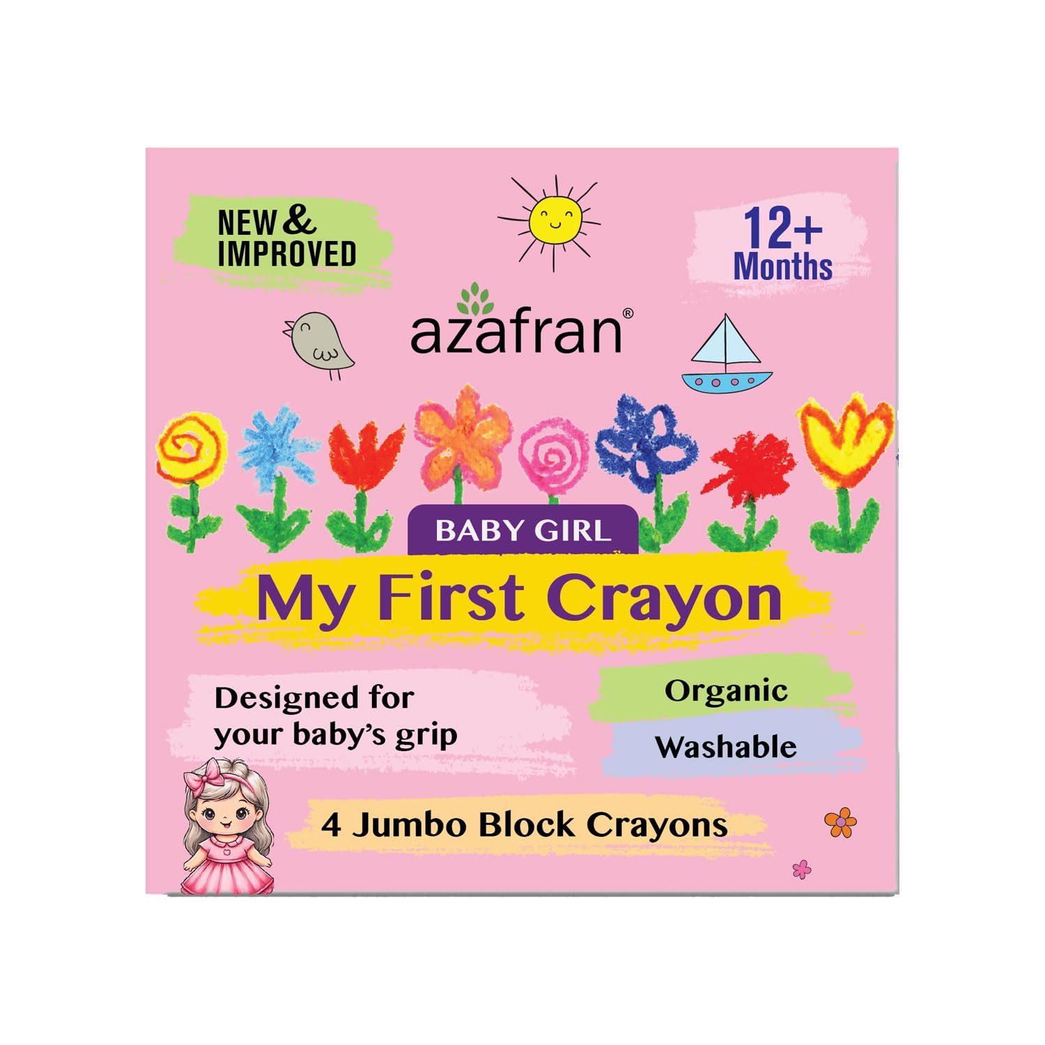 Azafran My First Crayon for Baby Girl, 4 Jumbo Block Crayons, Organic, Washable, Non-Toxic, Easy Grip for Tiny Hands…