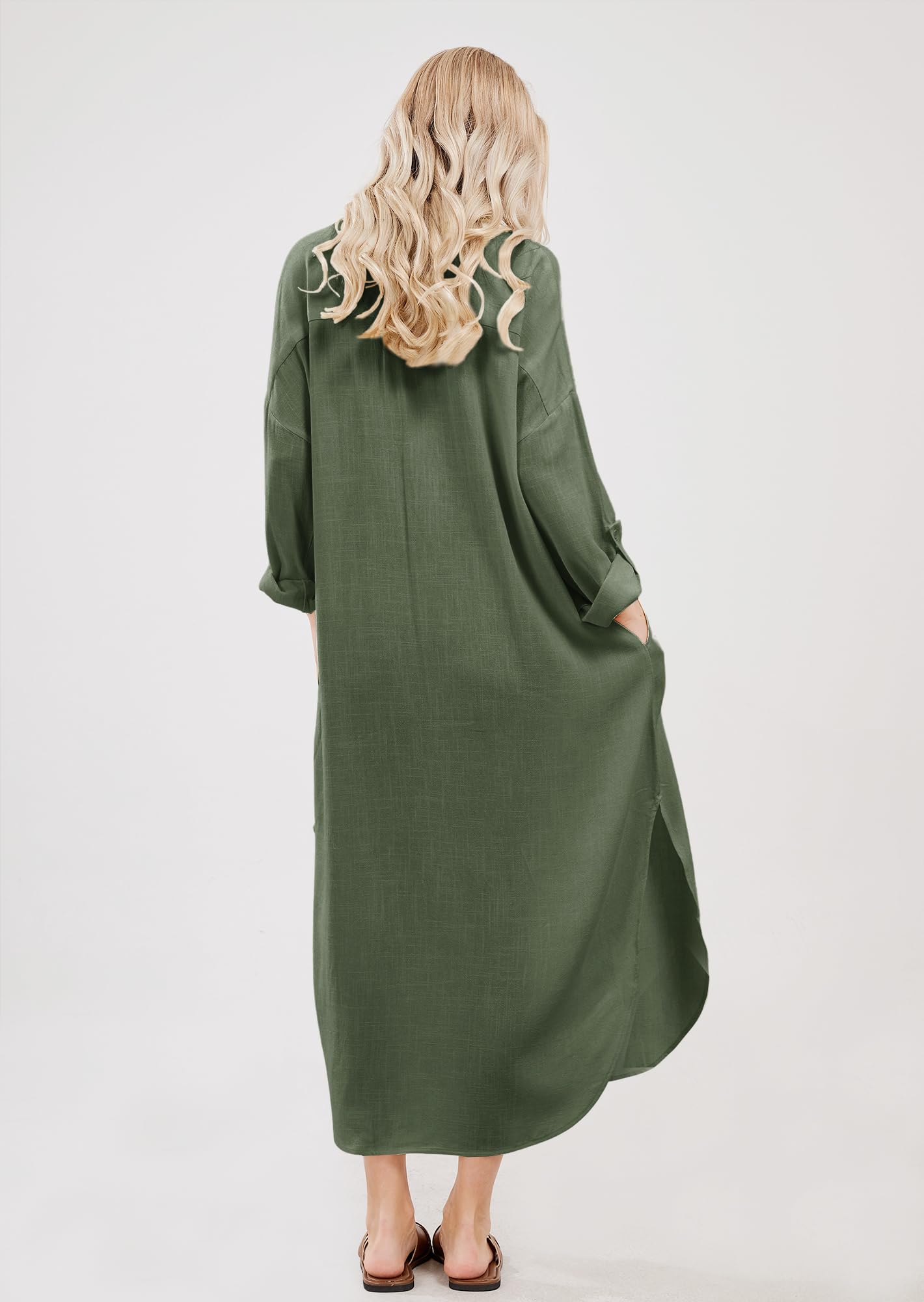 utcoco Vestido camisero largo de mujer, informal, holgado, de algodón y lino, con solapa abotonada, mangas con puños, abertura lateral y bolsillos