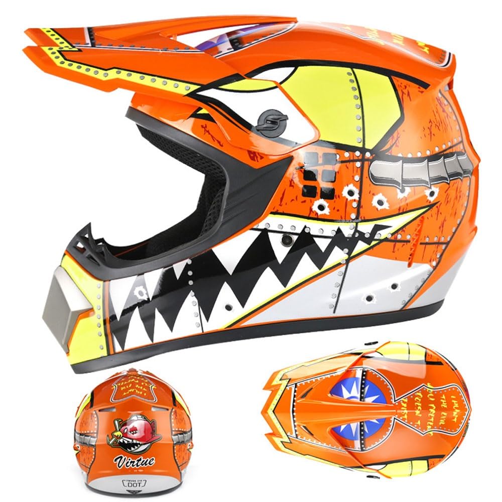 Casque de Motocross Pour Jeunes, Casque de Moto Pour Enfants, MX, Quad, Enduro, Dirt Bike, Casque de Moto IntéGral Pour Adultes, avec Lunettes, Masque, Gants(Orange teeth,S(52-53cm))