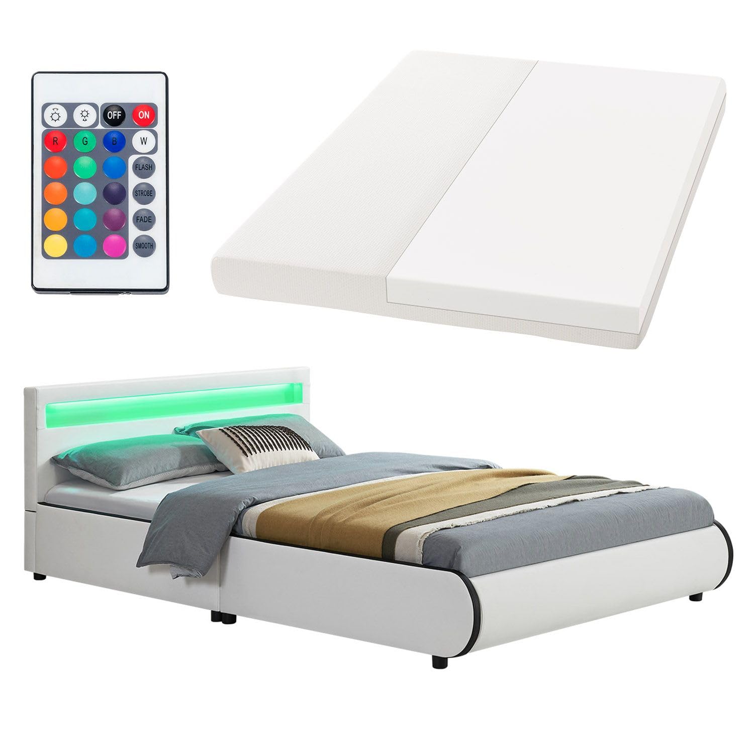 Juskys Polsterbett Sevilla 140x200 cm mit Matratze, LED Beleuchtung, Lattenrost & Kopfteil - Holz & Kunstleder - 16 Farbeinstellungen & Fernbedienung - Bett Jugendbett Einzelbett - Weiß