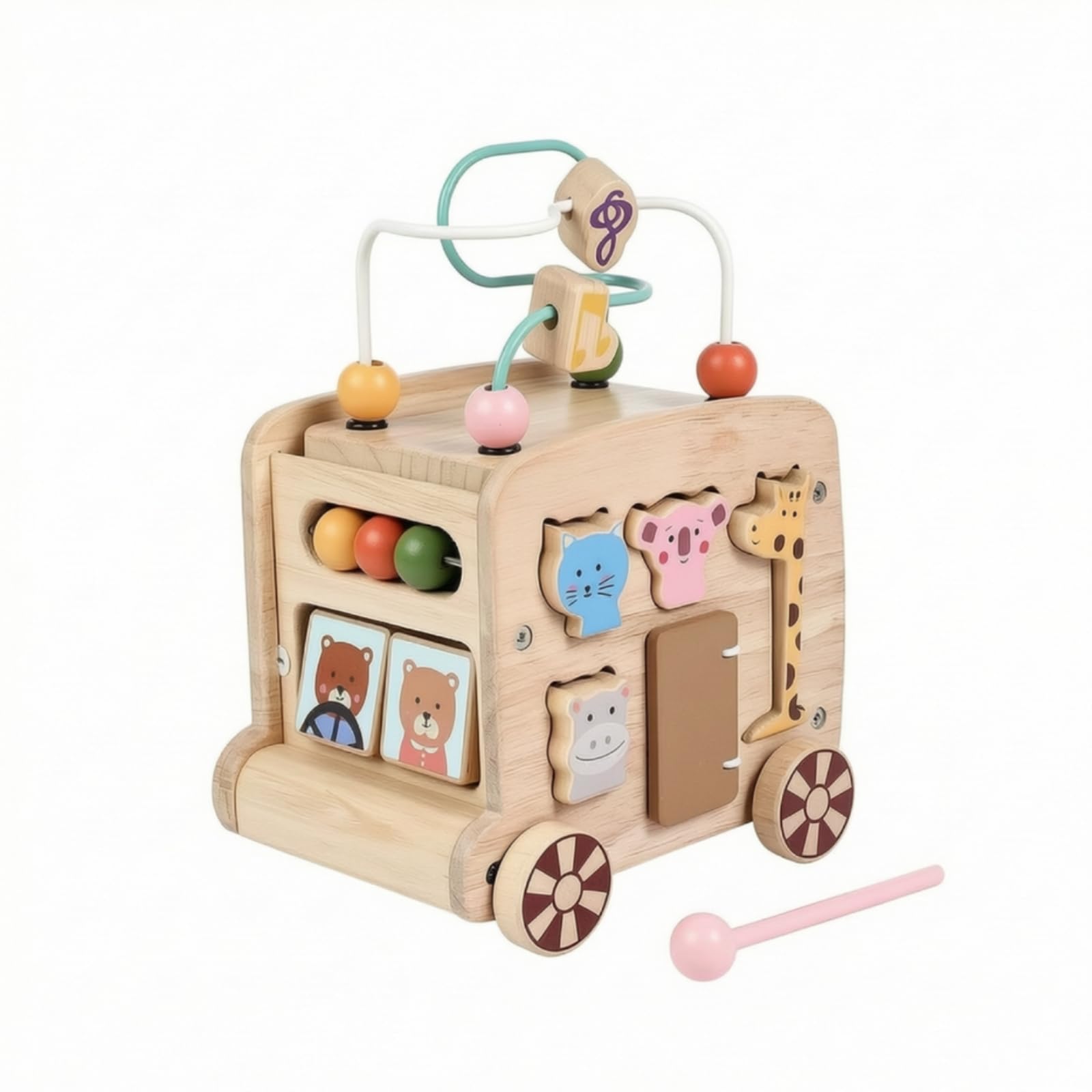 HGZLQKD Children Educational Cart Wooden Activity Bus With Bead Maze Shape Sorter Push Rolling Solid Suitable for nursery, Natural Wood, Multifunctional Bus Push Toy