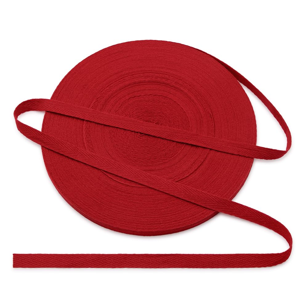 Jamsinmu Cotton Bias Binding Tape 10 mm, Herringbone Tape Cotton Tape with Herringbone Pattern, Cotton Strap Tape 10 mm, Cotton Ribbon 1 cm, Bright Red C401, 45 Yards