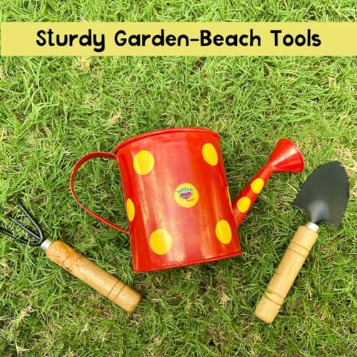 Lattooland Gardening Tools For Kids | 2 Wooden Tools | 1 Child-Size Metal Water Sprinkler Can