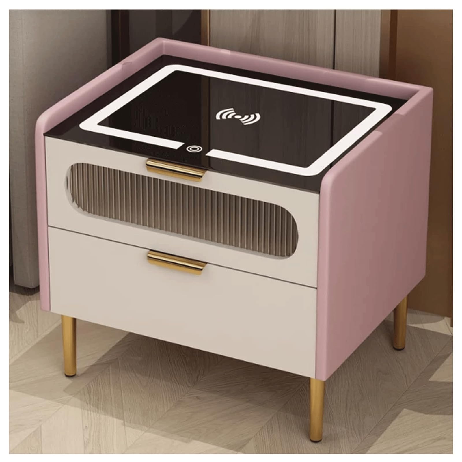 BHGFYXBS Smart Nightstand W/Wireless Charging W/ 2 Drawer Leather Bedside Table 3 Color Led Lights Bedside Cabinet Solid Wood End Table,Pink-40 * 40 * 52Cm,Pink-40 * 40 * 52Cm,Pink-40 * 40 * 52cm