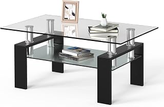 CASART Tempered Glass Coffee Table, Rectangle Side End Table with 2-Tier Storage Shelves, Modern Sofa Tea Table Living Room Furniture, 100 x 60 x 45cm (Black)