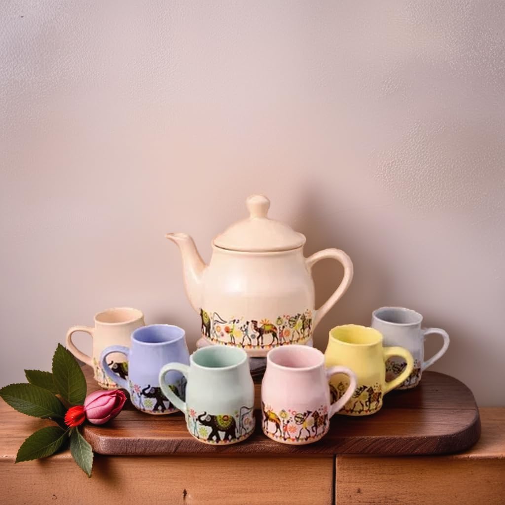 MITHILA HANDICRAFTS Pure Ceramic Pastel Flask Microwave/Dishwasher Safe Tea Cups Set of 6 with Kettle Morning Set Ideal Gift for Birthday, Anniversary, Christmas (1 Kettle + 6 Tea Cups Multicolor)