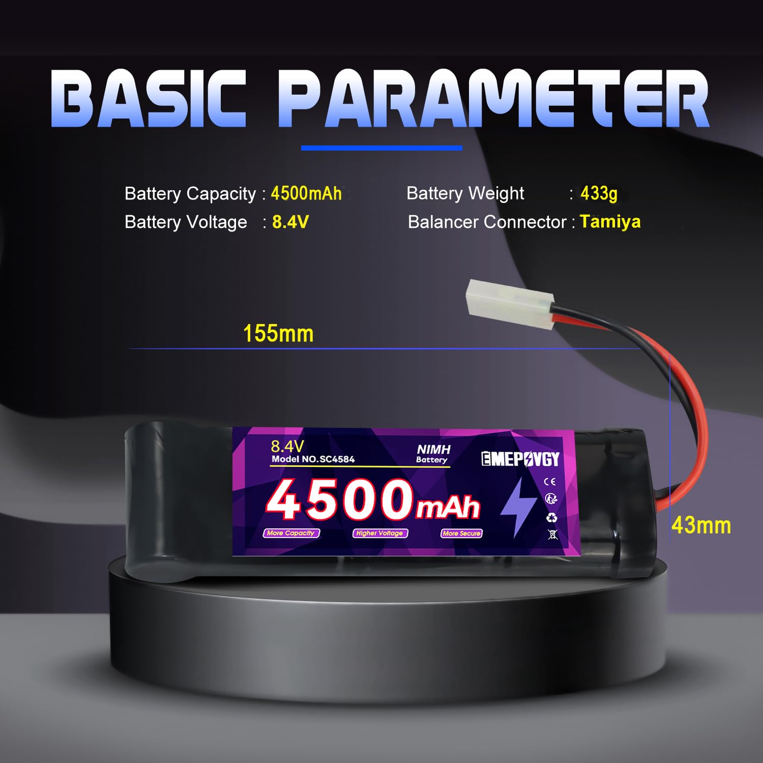 Batterie NiMH 8,4 V RC Capacité 4500 mAh Batterie plate rechargeable 7 cellules avec prise TMY
