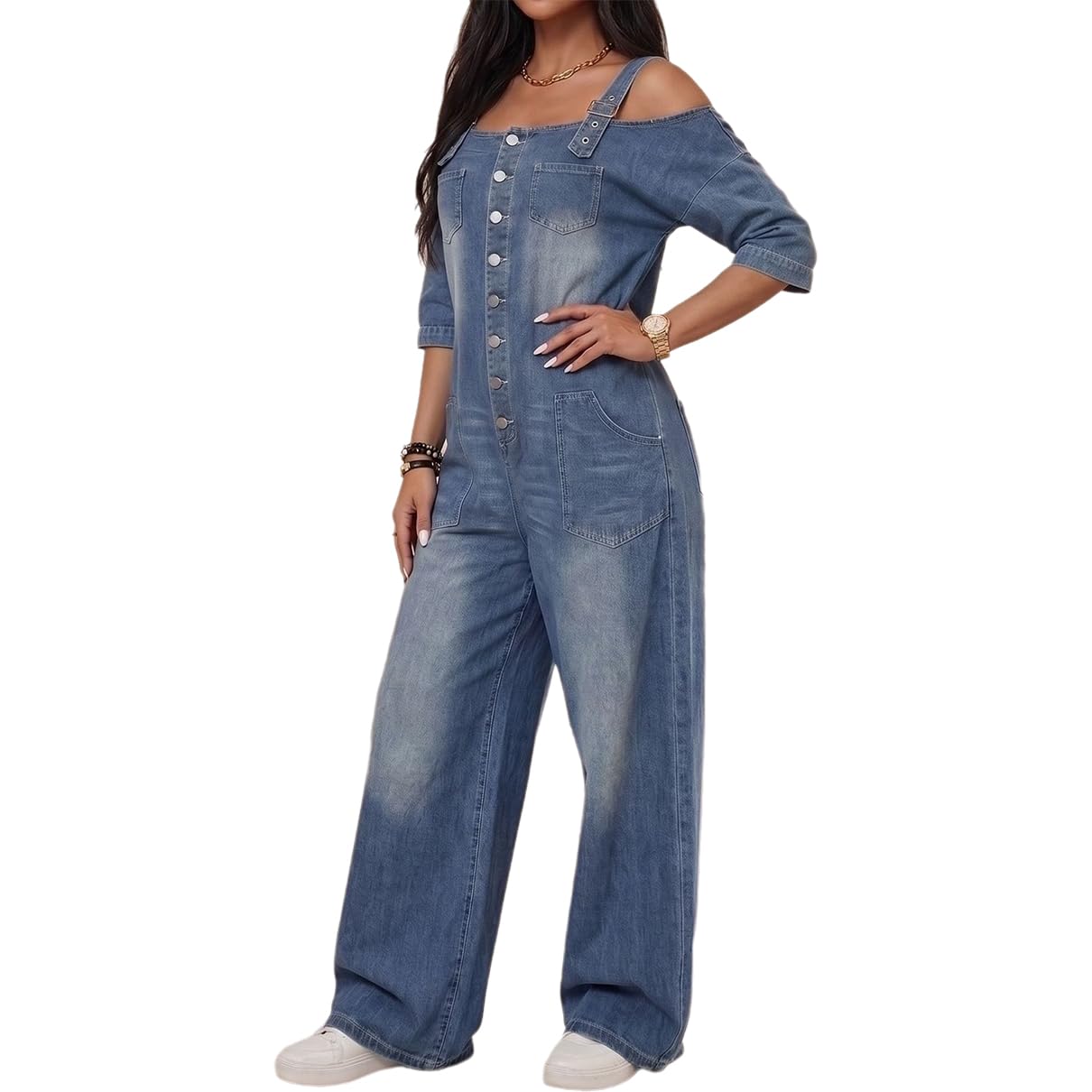 Combinaison en Jean pour Femmes, Sexy, épaules dénudées, Manches Courtes, Coupe Ample, Longue Barboteuse en Jean avec Poches