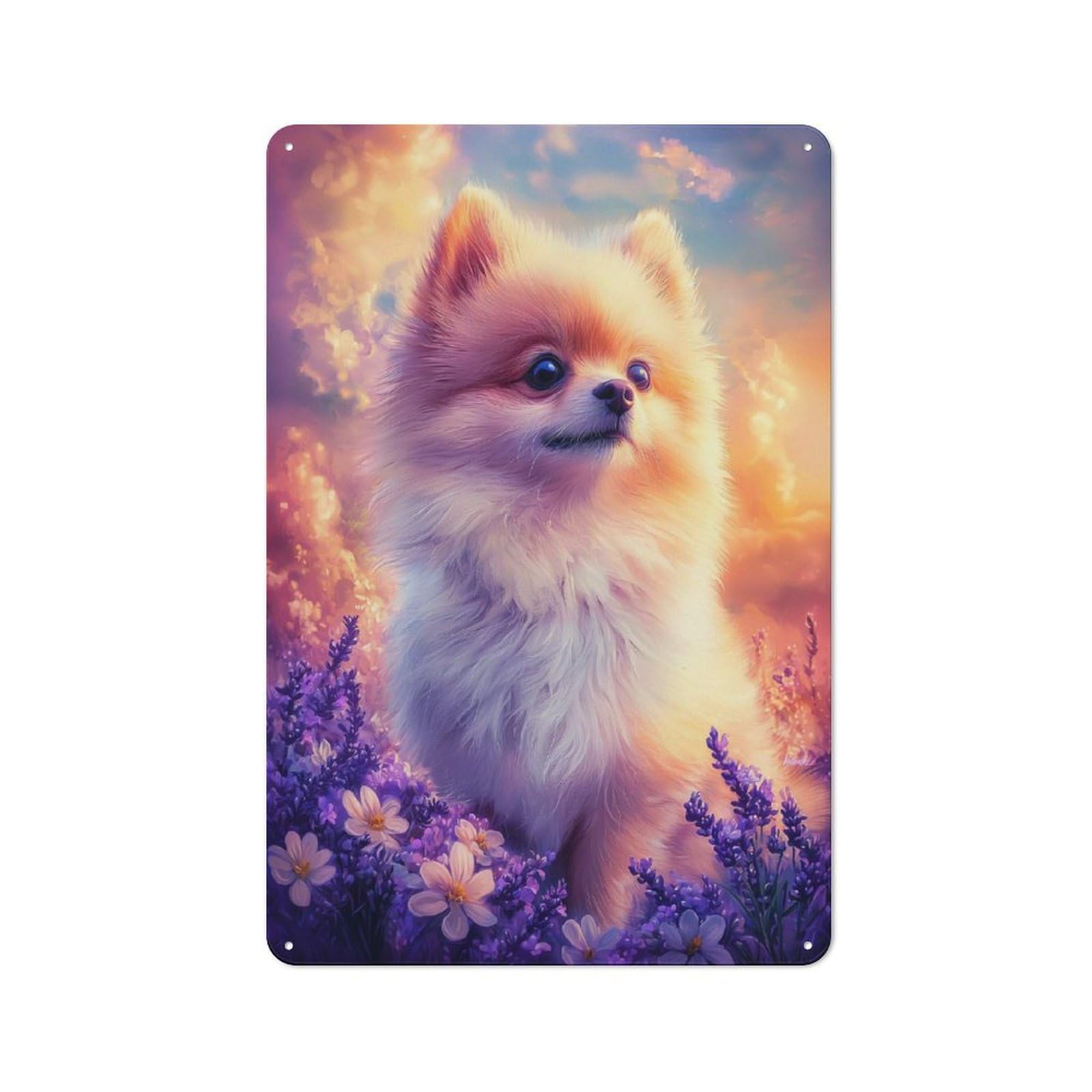 Junmoney Style-11 Garden Style Pomeranian Puppy In Lavender Field Tin Sign 30X20cm, Porch Wall Decor For Patio Bar, Workshop, Shed Or Kitchen