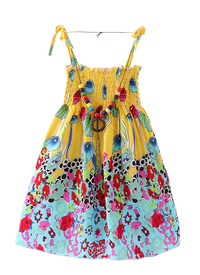 Flenwgo Girls Bohemian Dresses Floral Sleeveless Rainbow Beach Sundress with Necklace 2-12T