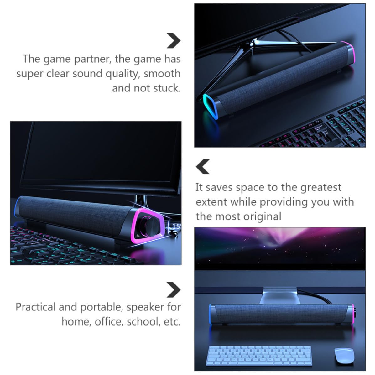 jojofuny Soundbar Cablato per Computer Doppio Altoparlante, Tessuto Nero, Potenza 6w, Design Salvaspazio per Ufficio e Gaming