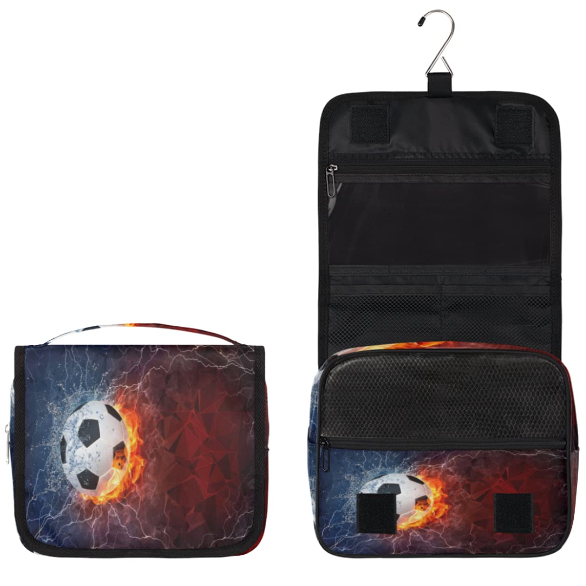 Piłka nożna Podróżna kosmetyczka Piłka nożna Ogień i Woda Mycie Torba Unisex Wiszące przybory toaletowe Kosmetyczka Organizer do makijażu, wielobarwny, Jeden rozmiar