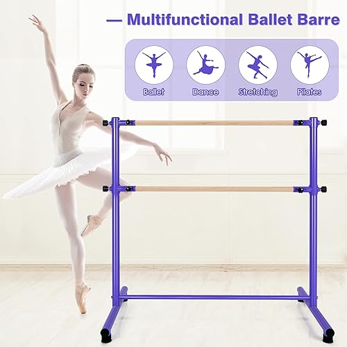 Miniatura 7 de Costzon Barra de ballet portátil, barra de madera doble ajustable de 4 pies de altura, barra de baile independiente para estudio en casa, escuela,