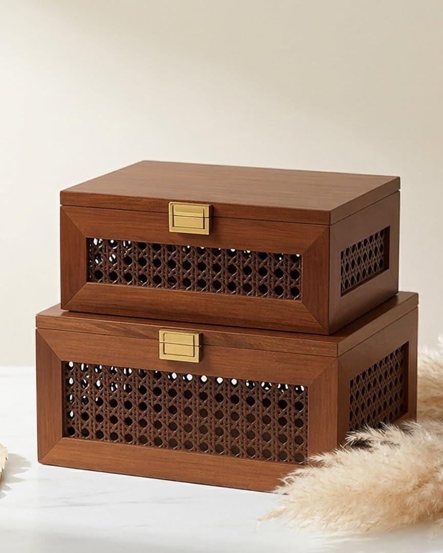 Elvida Paulownia Wood and Cane Jewellery Storage Box, Natural Wooden Keepsake Trinket Box with Hinged Lid and Clasp (Small + Large)