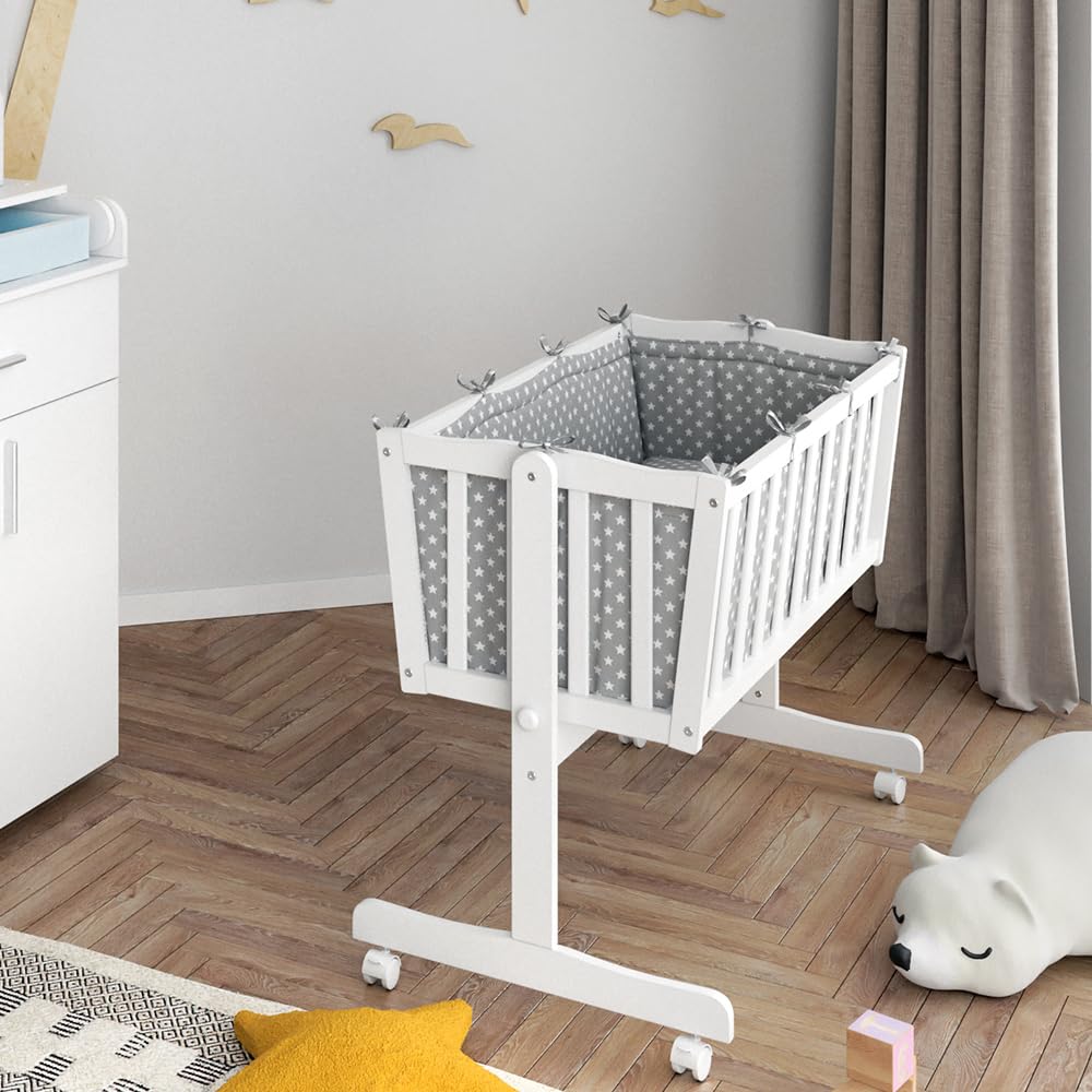 VitaliSpa Berceau pour bébé Noah, Blanc, 40x90 avec des Roues, réglable en Hauteur avec côté Amovible