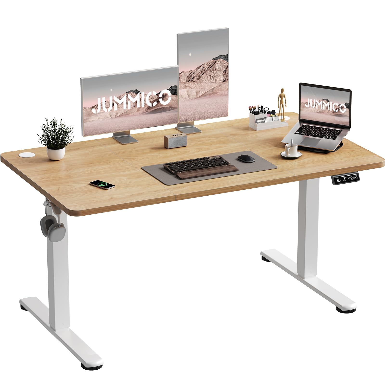 JUMMICO Height-Adjustable Desk, 130 x 60 cm, Standing Desk, Electric Desk, Height-Adjustable with Memory Function, Beige