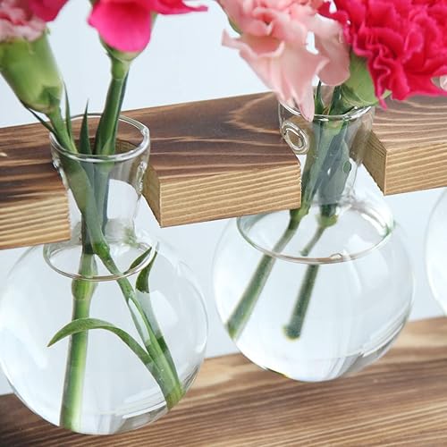 Miniatura 4 de Kingbuy - Florero de vidrio en forma de bulbo con soporte de madera maciza estilo retro, para plantas hidropónicas, decoración de jardín o boda