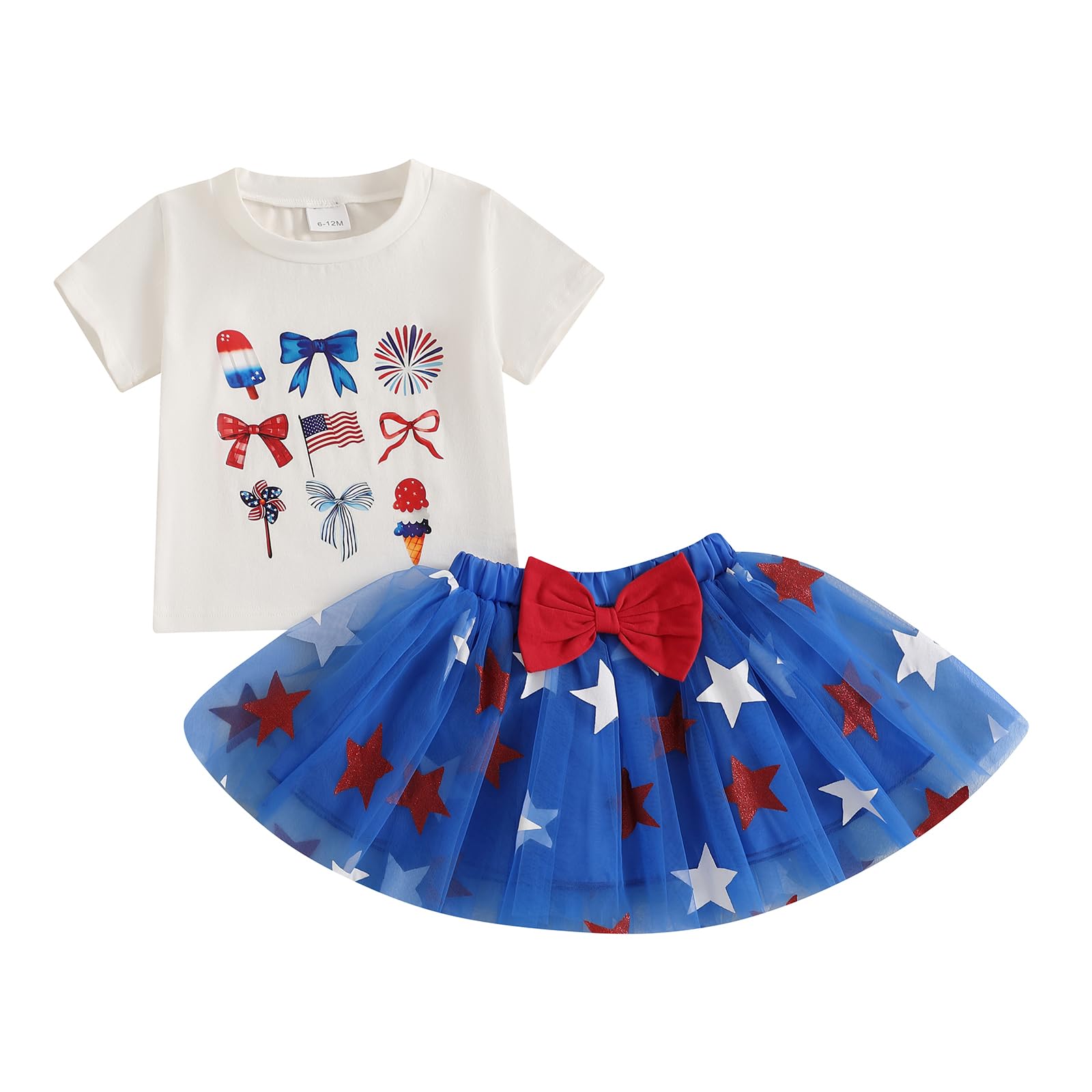 MAINESAKA 4th Of July Baby Girl Clothes Toddler Tulle Skirt Outfit Short Sleeve Romper Shirt And Skirt Set Patriotic Clothes (F-White, 3-4T)
