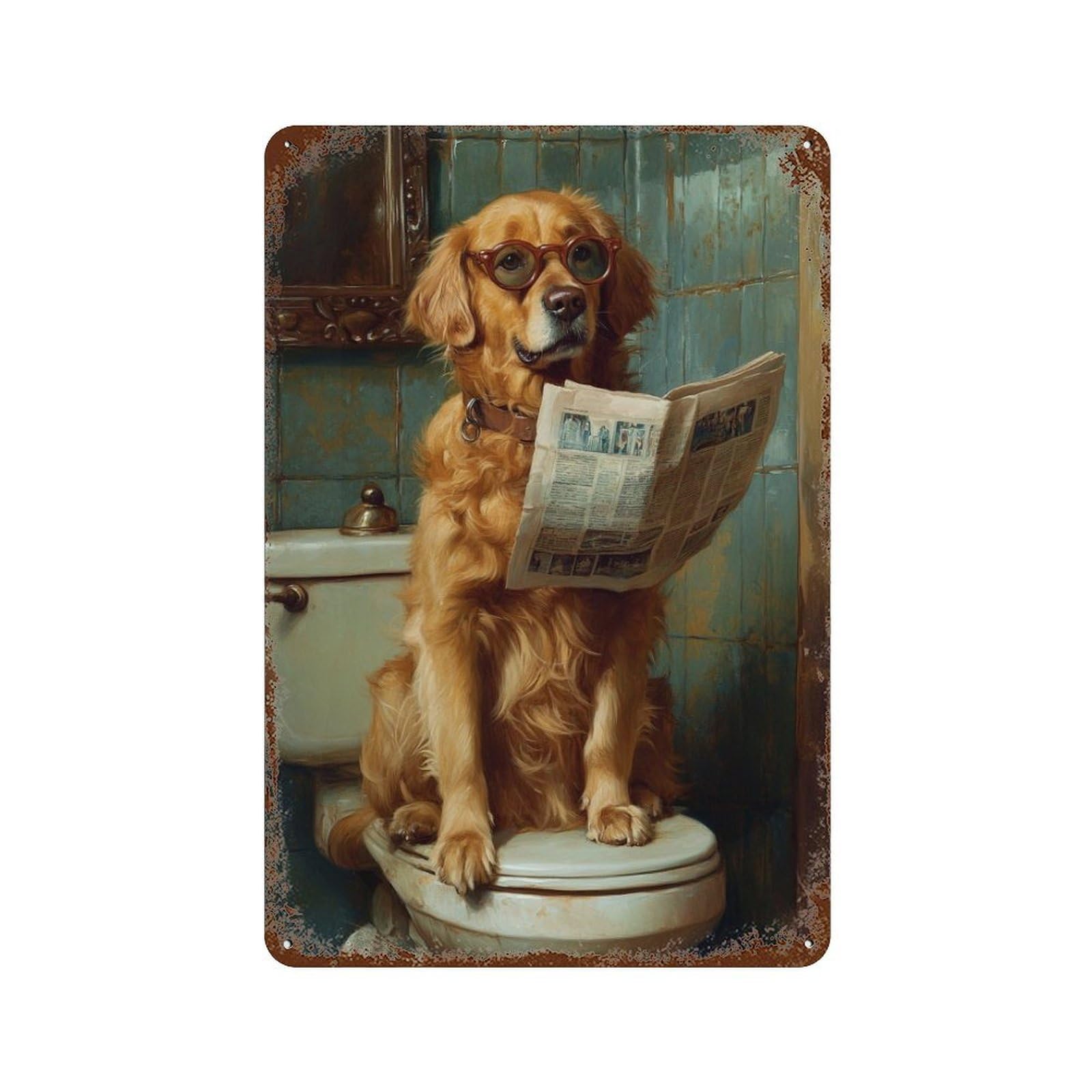 Rust Effect Golden Retriever Reading Newspaper-8 Rusty Metal Tin Sign 11.8"x7.9", Industrial Home Decor for Living Room, Hallway And Home Decor