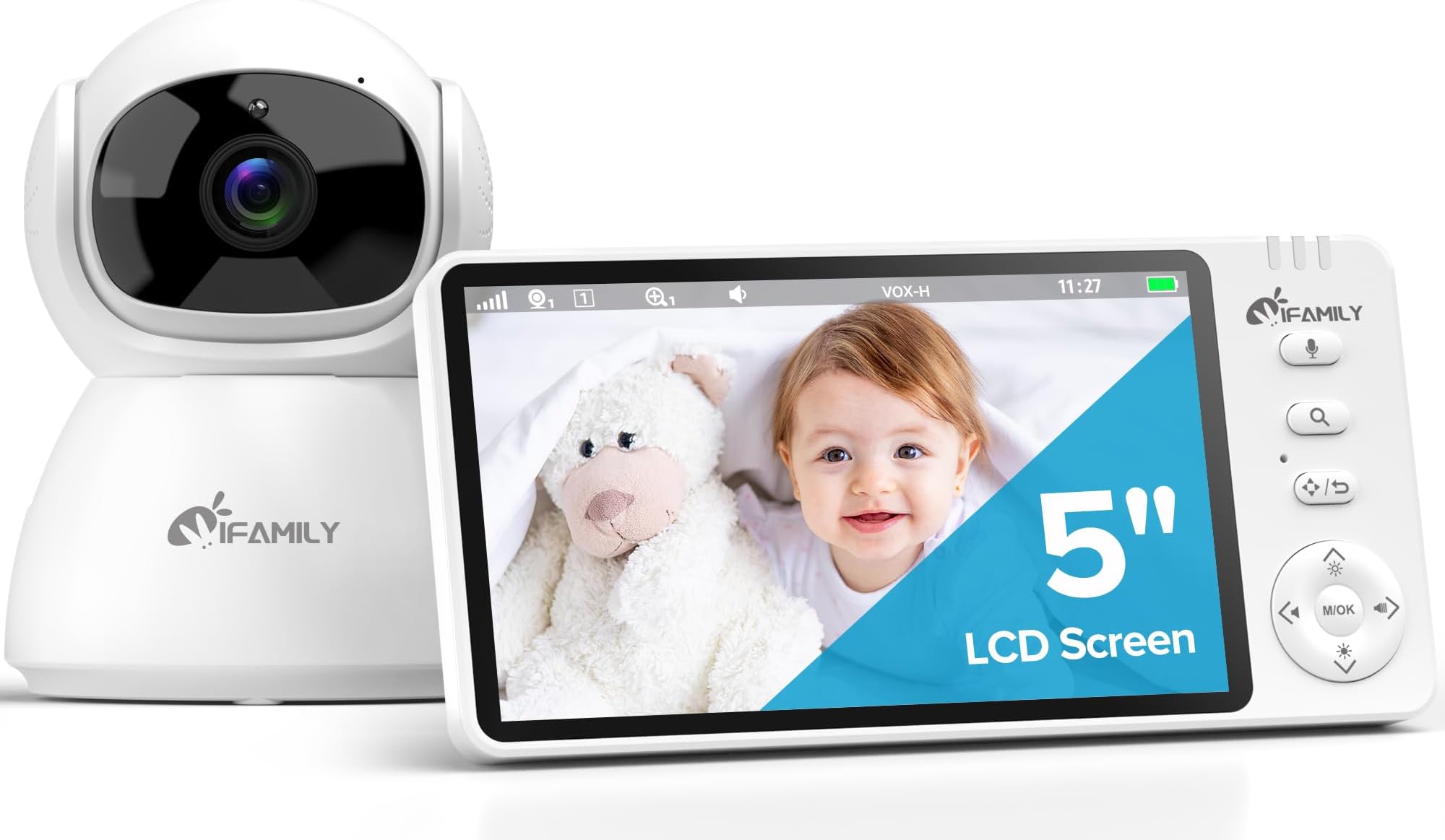 iFamily Baby Monitor with Camera and Audio โ 720P HD Resolution, Large Display, 5000mAh Battery, Night Vision, Remote Pan, Tilt, and Zoom โ Two-Way Talk, Lullabies, Thermal Monitor, 960ft Range