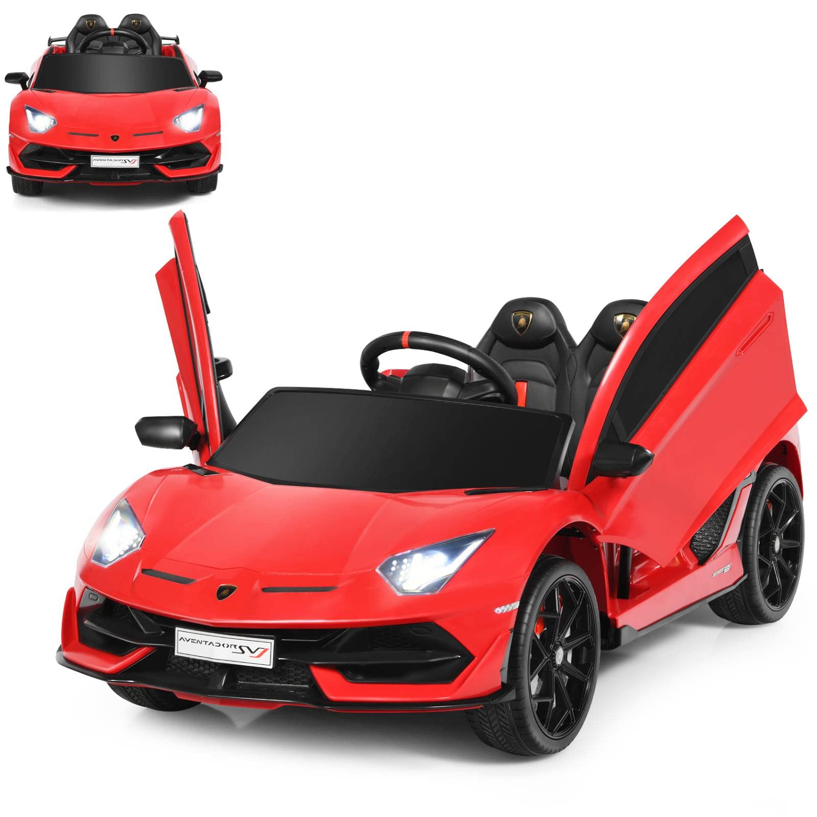 Kids Electric Ride on Car, 12V Battery Powered Vehicle with Remote Control, LED Lights, MP3/ USB, Spring Suspension, Compatible for Lamborghini Licensed Toy Car for 3+ Years Old (Red)