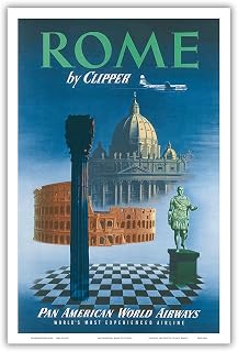 Rome by Clipper - St Peter’s Cathedral Colosseum Italy- Pan American World Airways - Vintage Airline Travel Poster c.1951 - Master Art Print (Unframed) 6in x 9in