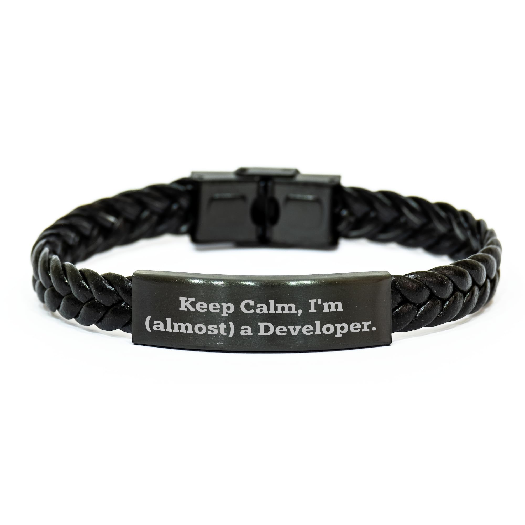 NAPAVI Developer's Keepsake, Interlaced Leather Bracelet, 'Keep Calm I'm (almost) A Developer', Christmas Unique Gift from Friends to Coworkers, Men's Accessory