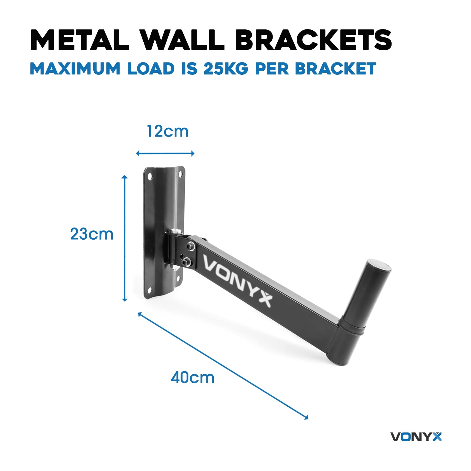 Vonyx WMS-02 Pareja de Soportes metálicos para Altavoz en Pared, rotación Lateral de 180 Grados, inclinación Fija de 30 Grados, para Altavoces con Agujero de 35mm, Carga máxima de 25 kg