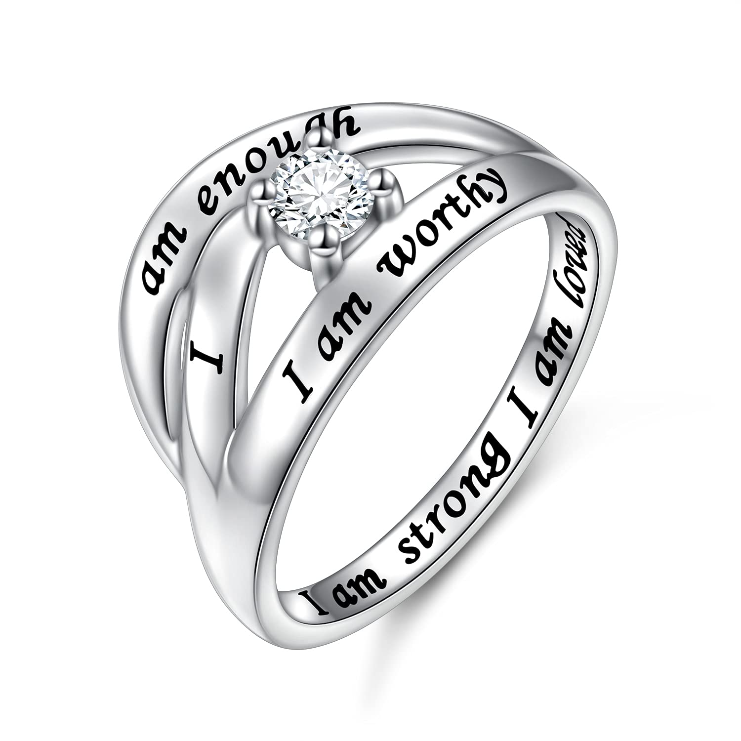 DAOCHONG 925 Sterling Silver I Am Enough I Am Worthy I Am Strong I Am Loved Ring for Women