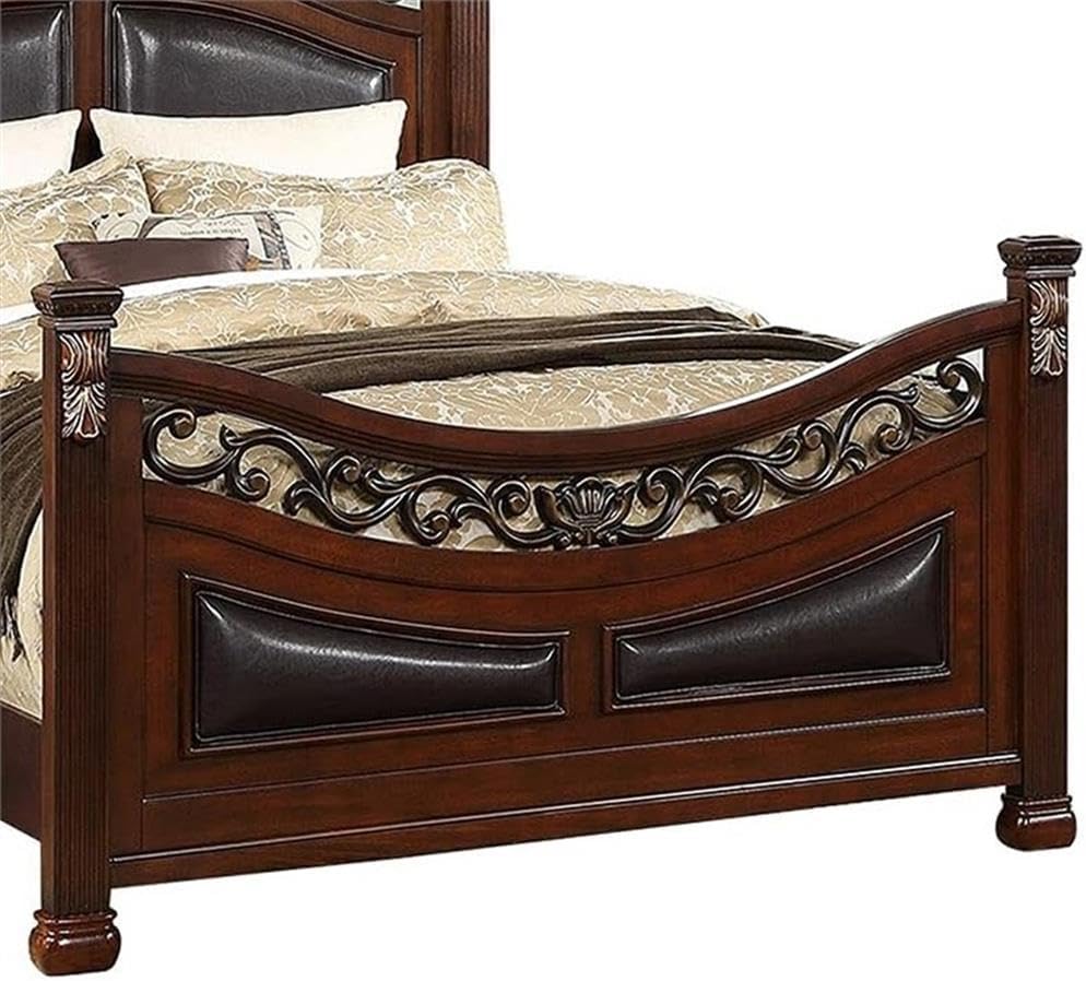 Pemberly Row Queen Size Bed, Pine Wood and Birch Veneer, Dark Cherry Finish, Faux Leather Upholstered Headboard, Floral Carvings, Tall Posts with Metal Accents, Elegant Bedroom Furniture