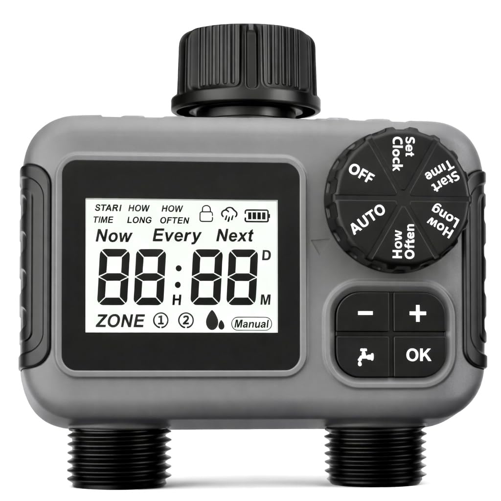 rainfactory Temporizador con 2 salidas, IP55 resistente al agua, retardo de lluvia, temporizador digital de riego, 2 salidas para dos zonas diferentes, manguera de goteo inteligente de control de
