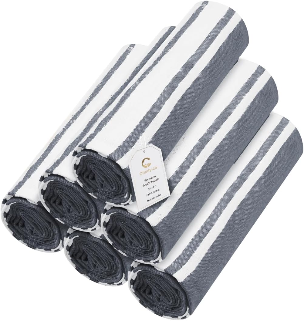 Set of 6 Beach Towels Turkish Peshtemal 100% Cotton Extra Large 36x71 - Travel Gym Pool Spa Blanket Beach Bath Towels - Ultra Soft Quick Dry Absorbent Sand Free Beach Towels Dark Grey Dark Grey 6 Pack