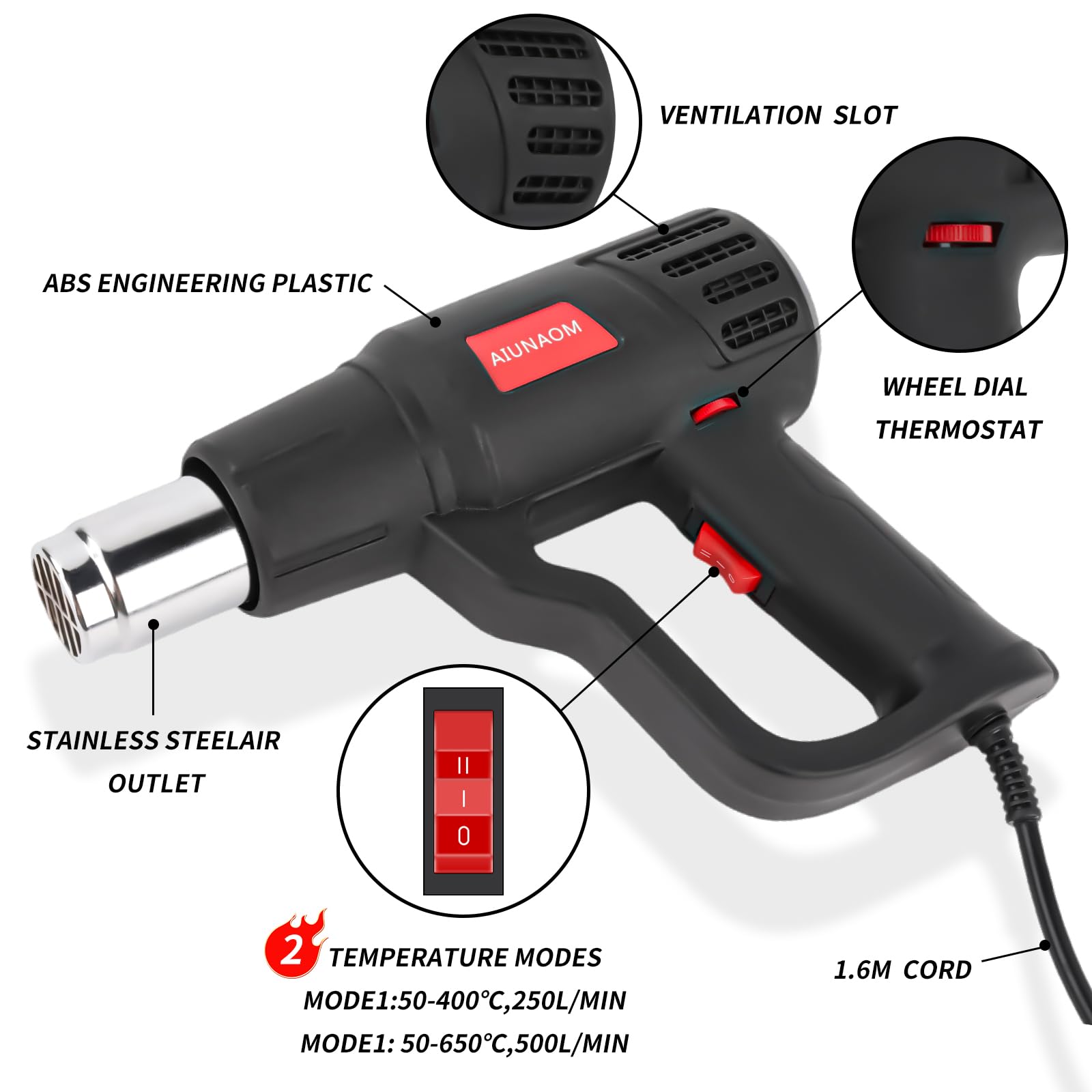 AIUNAOM Pistola ad Aria Calda 2000W Pistola Termica 50℃~650℃ Controllo di Temperatura Senza Livelli + 2 Velocità dell'aria Protezione da Sovraccarico Per Riscaldamento Saldatura e Sbrinamento