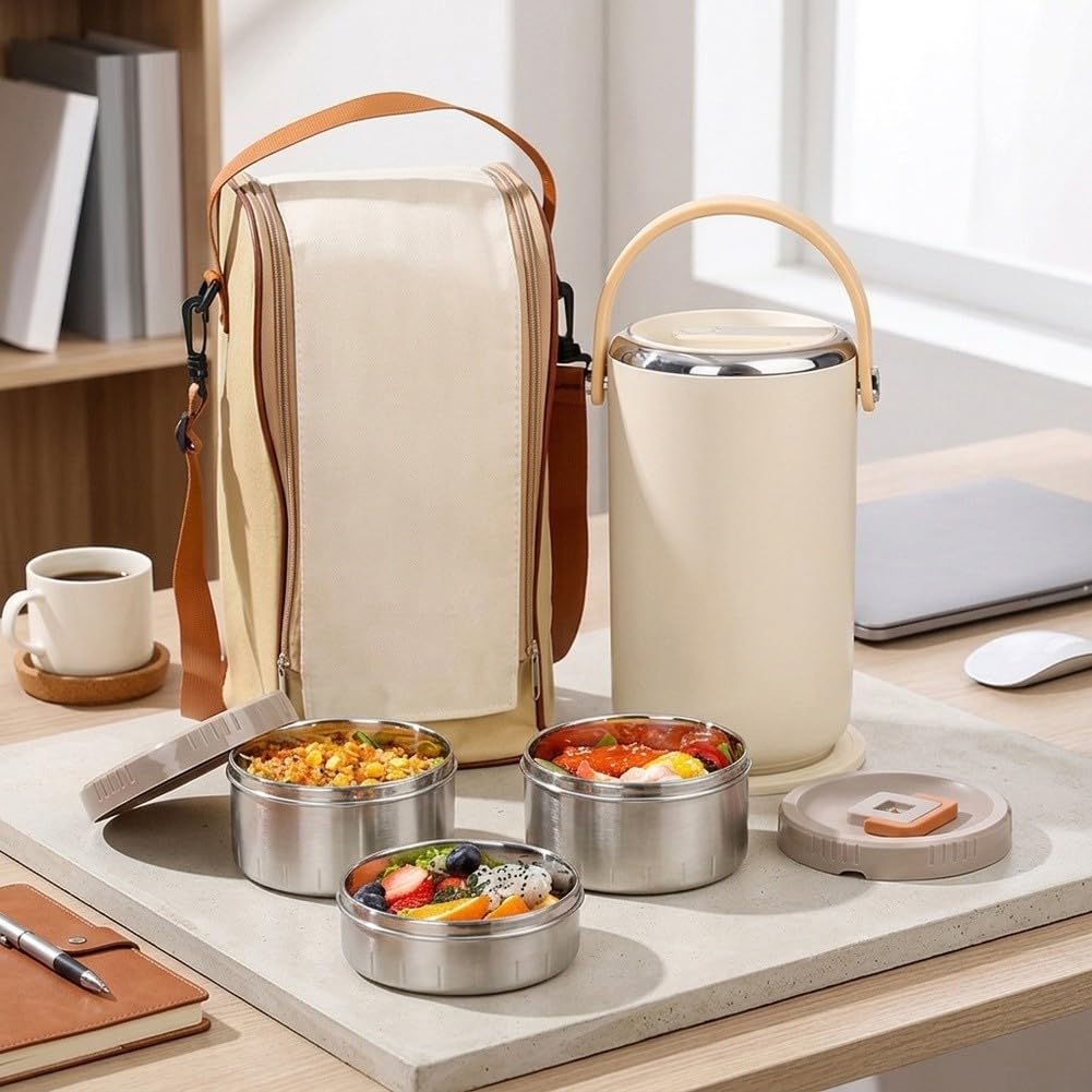 Tarro de comida aislado de 3 compartimentos, contenedor de almuerzo de acero inoxidable de 90 onzas líquidas con aislamiento al vacío, sellos a prueba de fugas y bolsa aislada para el trabajo