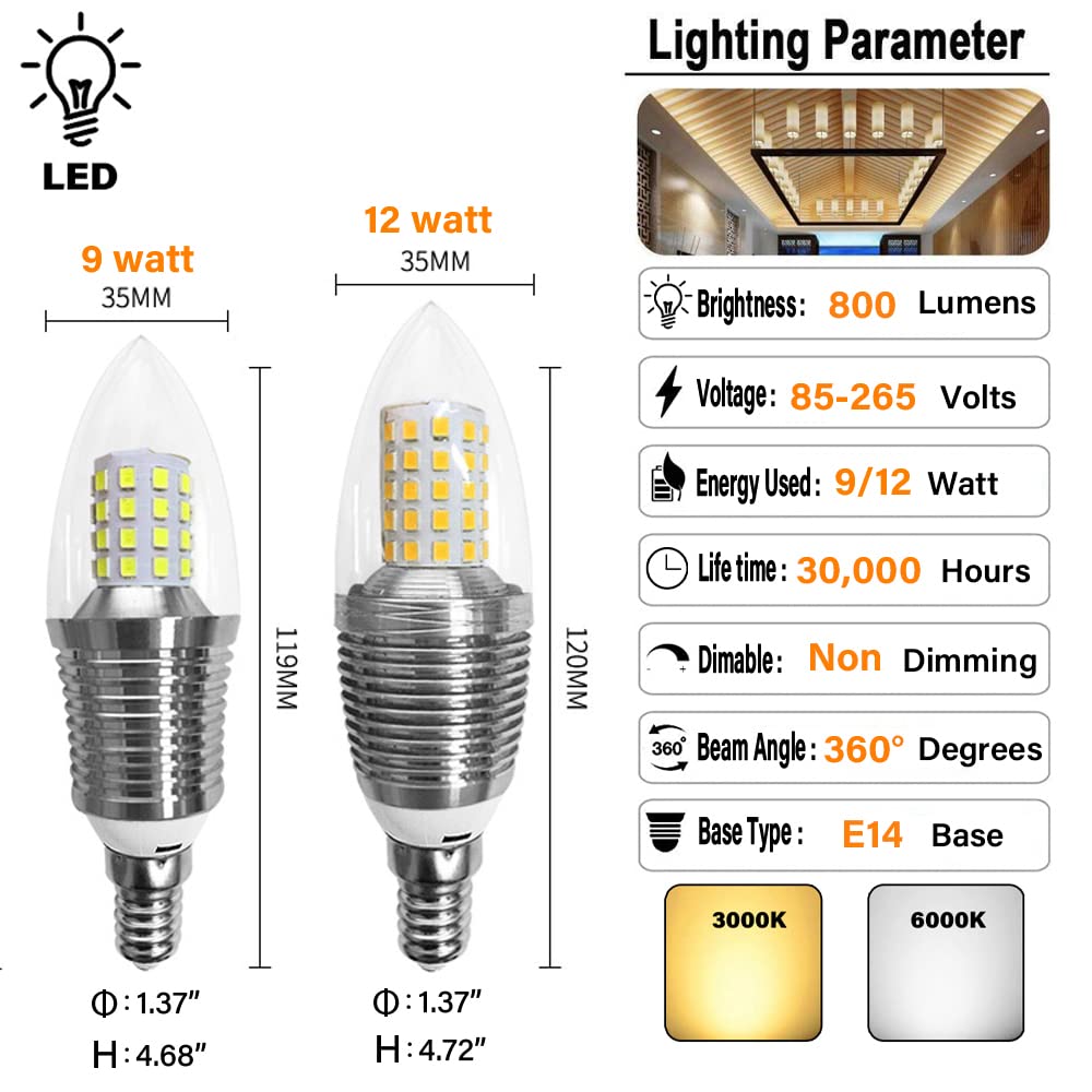 LED-Birnen, Maisglühbirne mit E14-Sockel, LED-Kerzenlampe, 9 W, 12 W, 800 lm, 120 Watt-Äquivalent, 3000 K, 6000 K, Nicht dimmbar, AC 85 V ~ 265 V (10er-Pack)