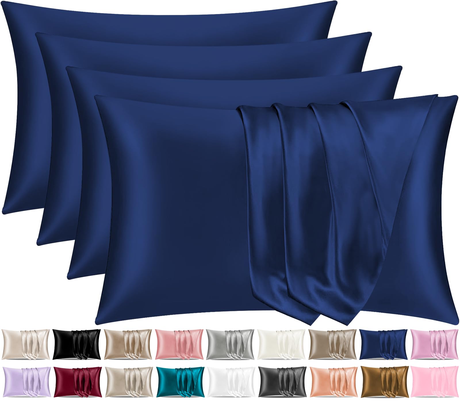 Pamposh Navy Satin Silk Pillowcases For Hair And Skin 4 Pack Standard Size With Envelope Closure (4 Pcs Pillowcases (50 X 75 Cm), )