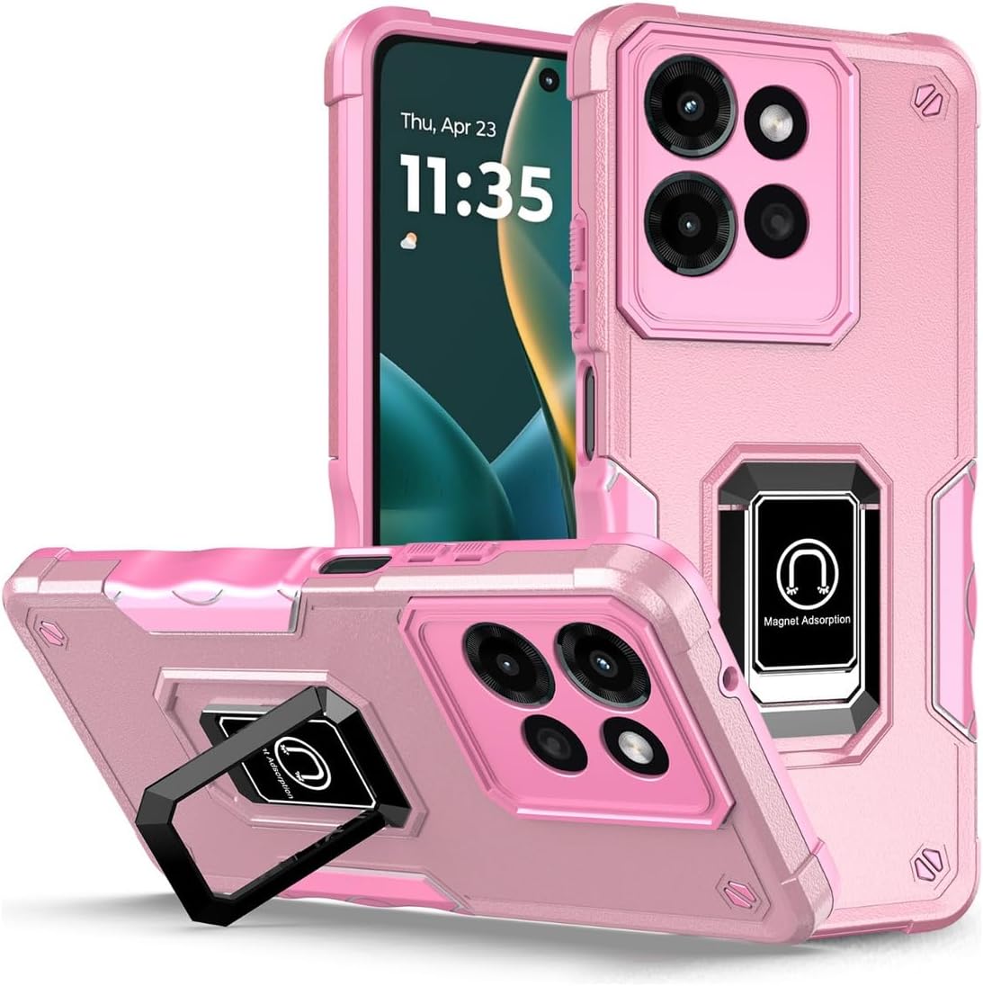 Rosebono Compatible with Moto G Stylus 2025 Case, Hybrid Metal Ring Magnetic Support Kickstand Protective Defender Armor Cover Case for Moto G Stylus 2025 (Pink)
