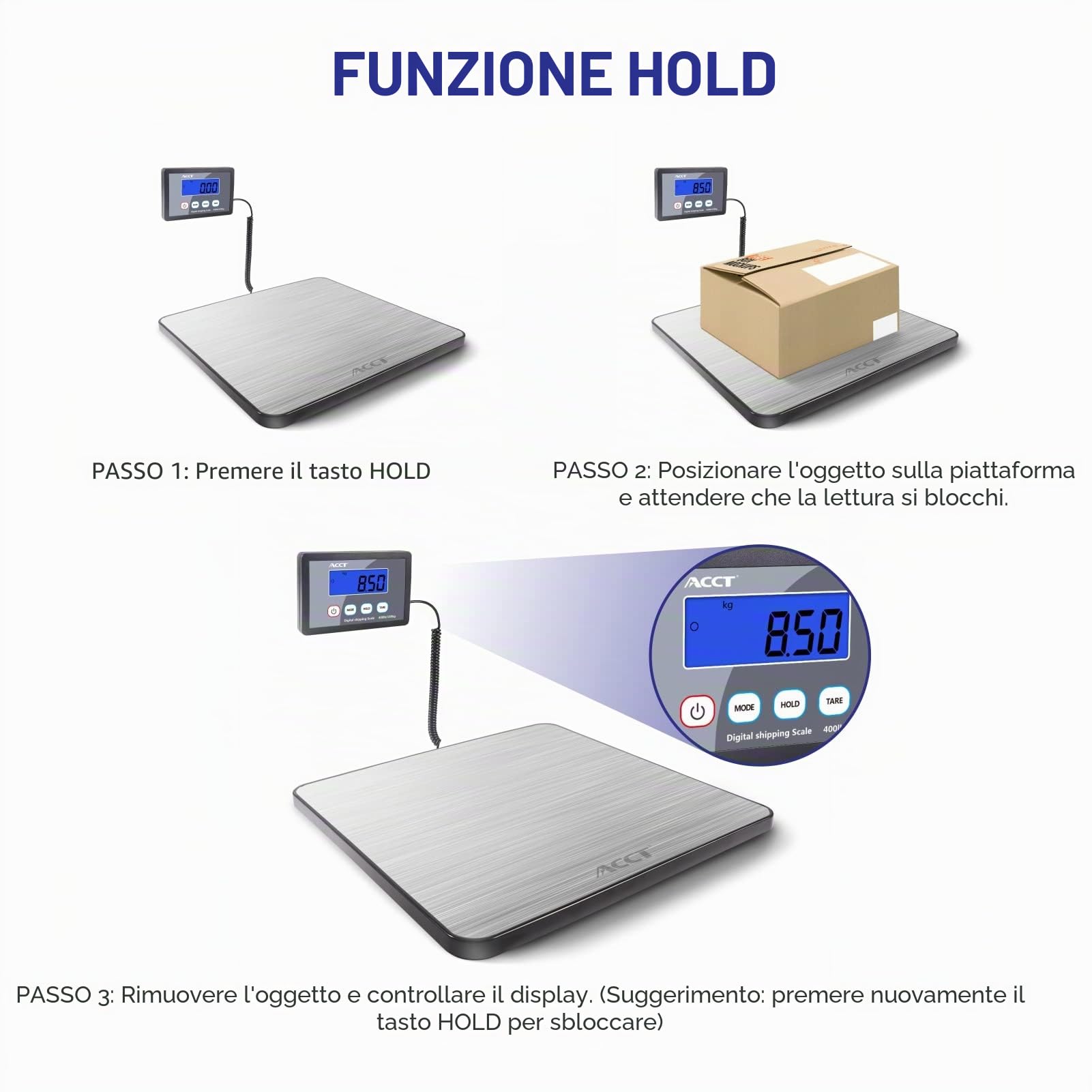 Bilance pesapacchi ACCT, 400 lb/180 kg, pesalettere con funzione di blocco/tara, bilancia postale per pacchi/animali domestici/bagagli/ufficio, bilancia professionale, batterie e cavo USB inclusi