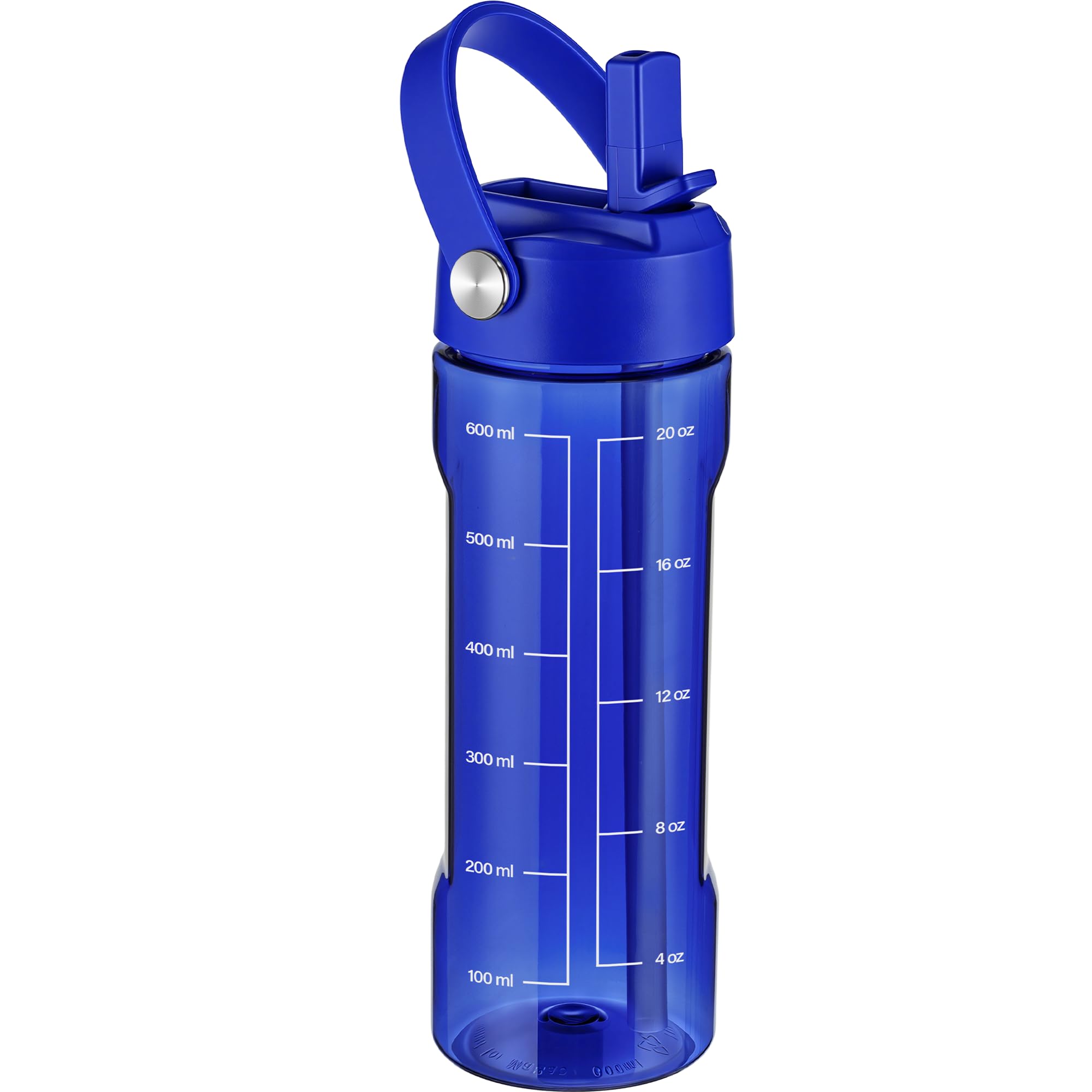 GOPPUS 600ml/20oz Clear Water Bottle with Straw, Tritan Leakproof Sports Drinking Bottle, BPA Free Wide Mouth Gym Bottle with Handle and Measurement Marks for School, Gym, Travel (Royal Blue)