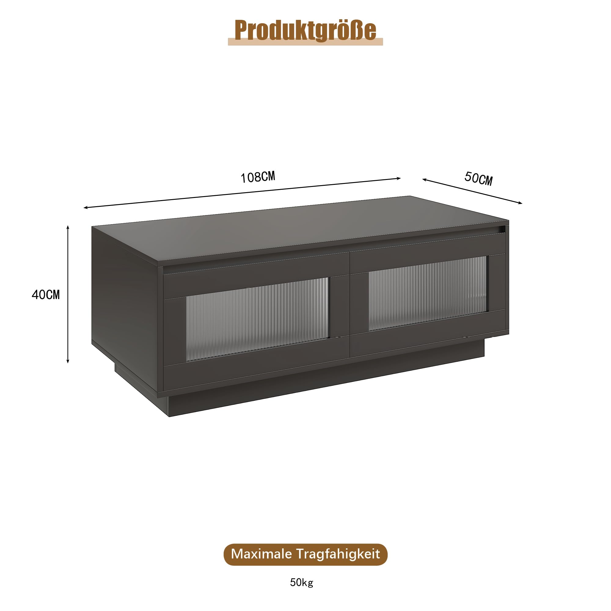 KEEPREAPER Couchtisch Wohnzimmertisch mit LED Beleuchtung, Sofatisch mit 2 Ablagefächern für Wohnzimmer, 108x50x40cm (Schwarz)